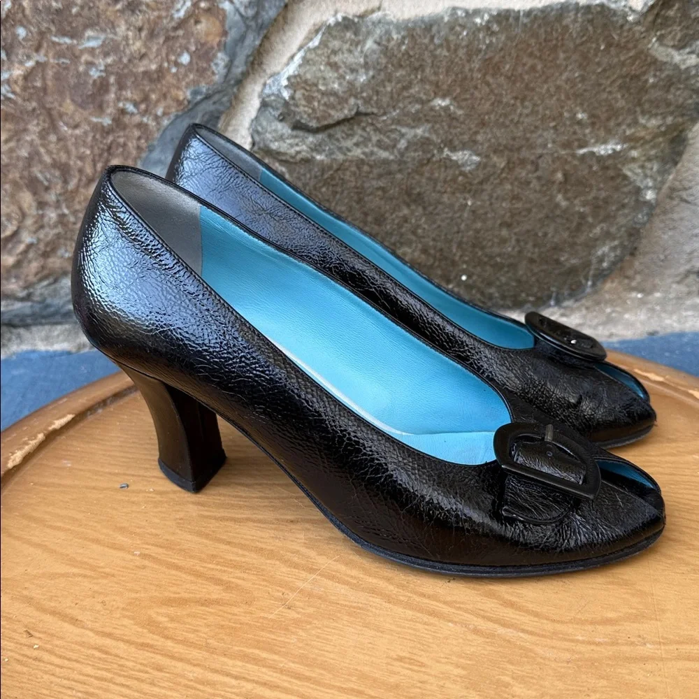 Thierry Rabotin Peep Toe Pumps Black Leather Low Heel Size 36.5